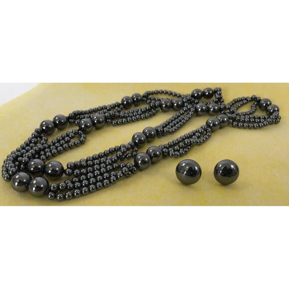 151 grams Natural Hematite Stone Bead Necklace Estate Jewelry & Pierced Earrings - Picture 8 of 8